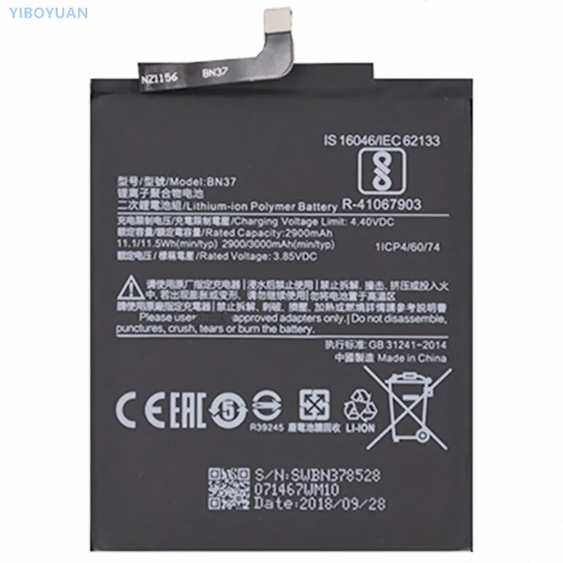 

3.85V 2900/3000mAh BN37 For XiaoMi RedMi 6 / 6A Battery