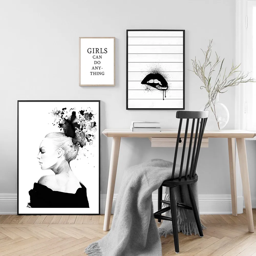 Black Lips Poster Pop Art Painting Abstract Wall Art Black and White Posters And Prints Living Room Women Picture Quote Unframed