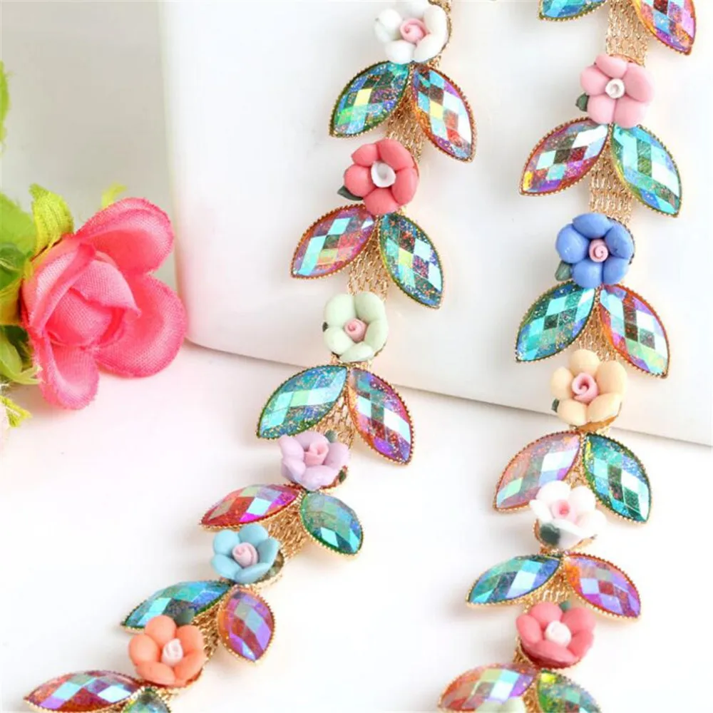 1Yard/Lot Sew On Crystal Rhinestones Chain Ceramic Flower DIY Bling