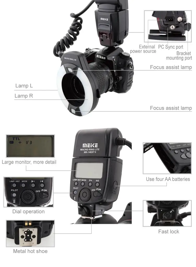 Meike MK-14EXT i-ttl Кольцевая вспышка для макросъемки для Камера Nikon D850 D7500 D810 D80 D800 D90 D5 D4 D600 с светодиодный фокуса