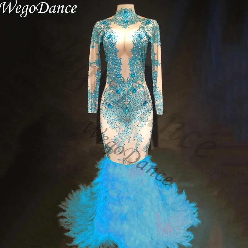 

New Sparkly Rhinestones Full Blue Feather Nude Dress Sexy Evening Party Birthday dresses Singer costume