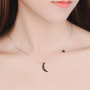 LUKENI 100% Silver925 Pendants Necklace For Women Jewelry Charm Cubic Zirconia Star Black Moon Girl Choker Necklace Accessories