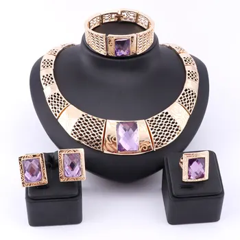 

New Indian Jewelry Sets Bridal Wedding Big Purple Gem Crystal Dubai Gold Jewelry Sets for Women Necklace Bangle Ring Earrings