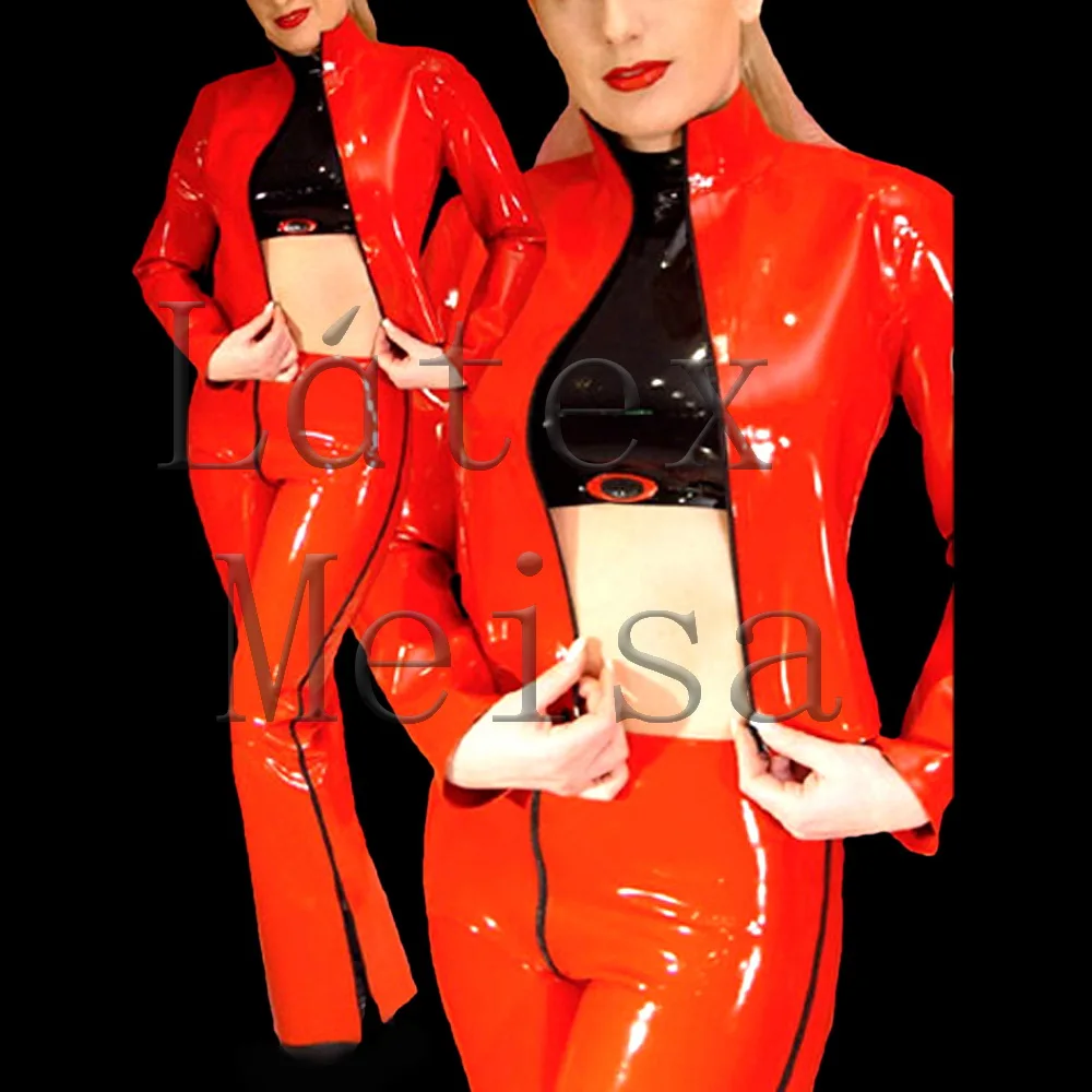 

Bling 0.6mm thickness heavy short latex coat with front zip for women in red color