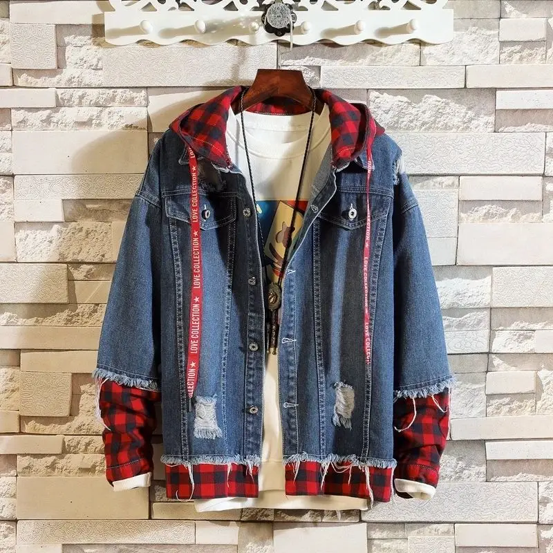 Spring New Hooded Denim Jacket Men Fashion Fake Two Pieces Of Streetwear Bomber Jacket and Coat Man Cowboy Clothes Male S-3XL