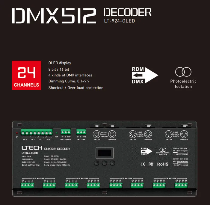 Светодио дный DMX512 декодирующее устройство; 24 канала декодер DMX DC12-24V; 3A* 24CH Max 72A выход светодио дный RGB полосы RGBW светодио дный полосы XLR-3/RJ45 Порты и разъёмы