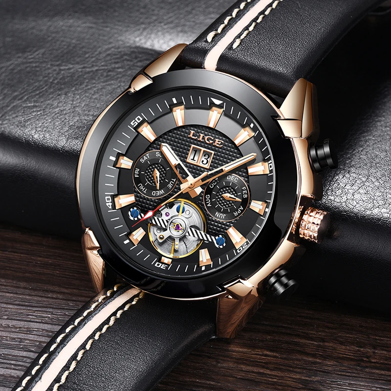 

2019 LIGE Mens Watches Top Brand Luxury Business Leather Automatic Mechanical Watch Men Military Waterproof Clock Montre Homme