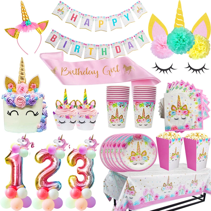 

Unicorn birthday Unicorn disposable party tableware sets Paper plates cups 0-9 birth number ballons Babyshower decoration kids
