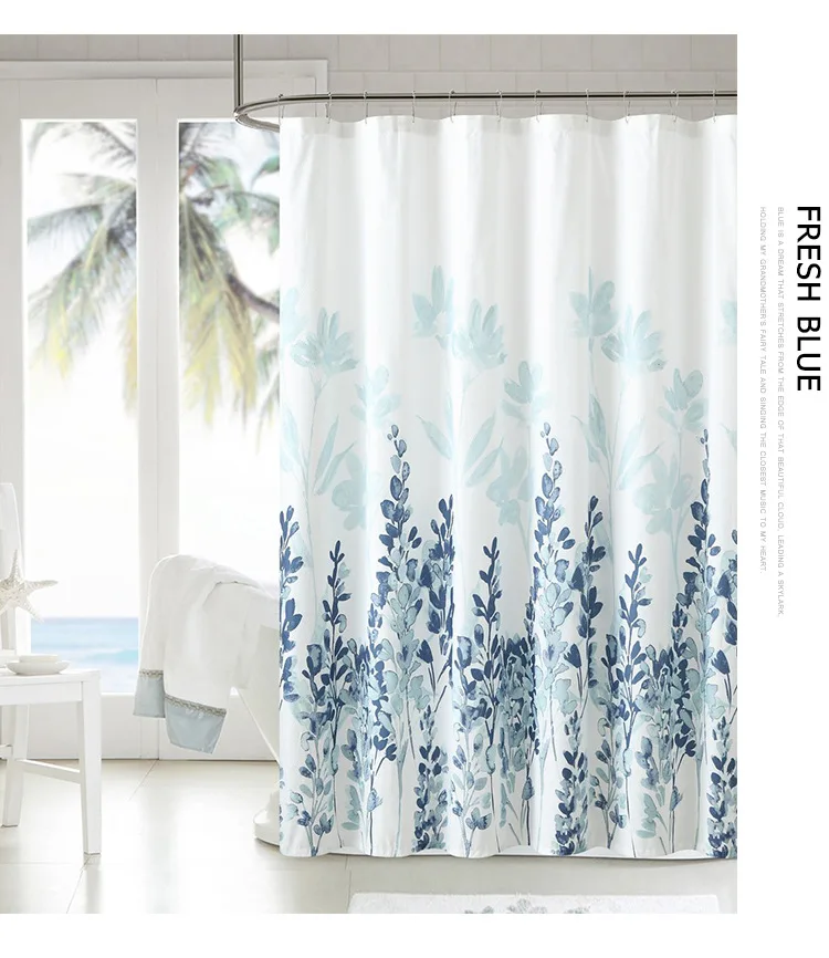 Натуральный узор цветок/лист полиэстер занавески для душа моющиеся высокое качество красочные занавески для ванной - Цвет: Небесно-голубой