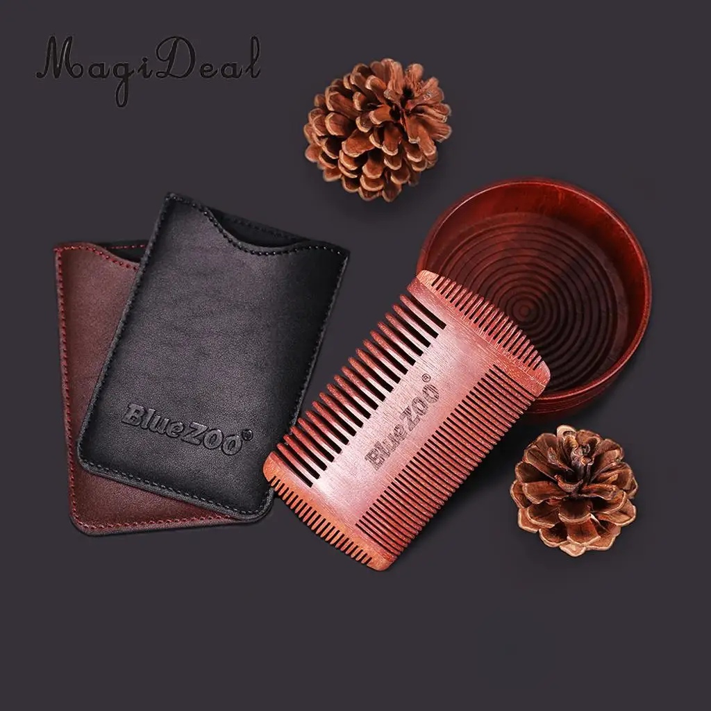 Anti Static Natural Sandalwood 4 Sided Fine Coarse Teeth Men Beard Mustaches Grooming Shaving Comb with PU Leather Bag Case