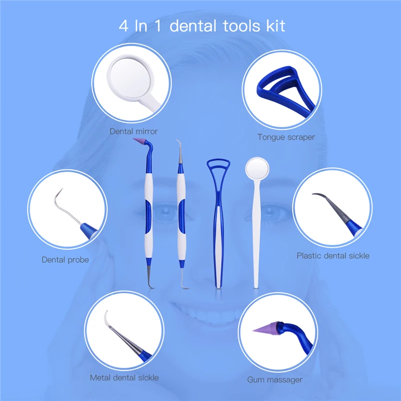 

4pcs/set Dental Tool Kit Professional Teeth Whitening Clean Tartar Remover Tongue Scraper Sickle Probe Dental Mirror Gum Massage