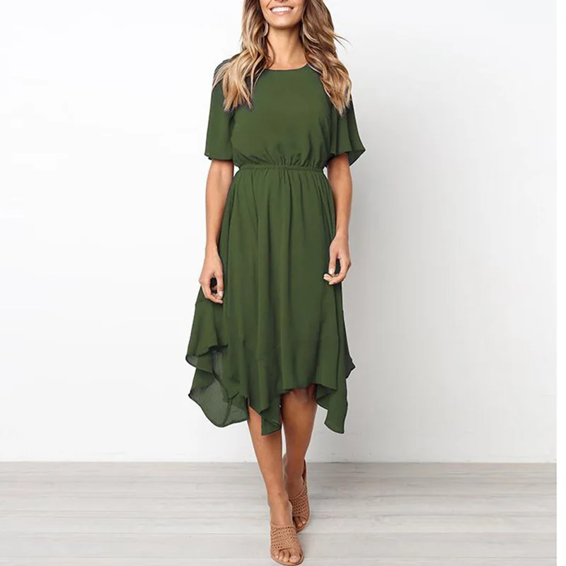 2019 Summer Women's Clothes Dress Solid Color O-Neck Irregular Hem Short-sleeved Dress