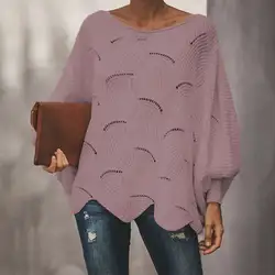 Плюс размер выдалбливают Женский трикотажный свитер пуловер сплошной цвет женский свободный длинный рукав летучая мышь крюк свитер с