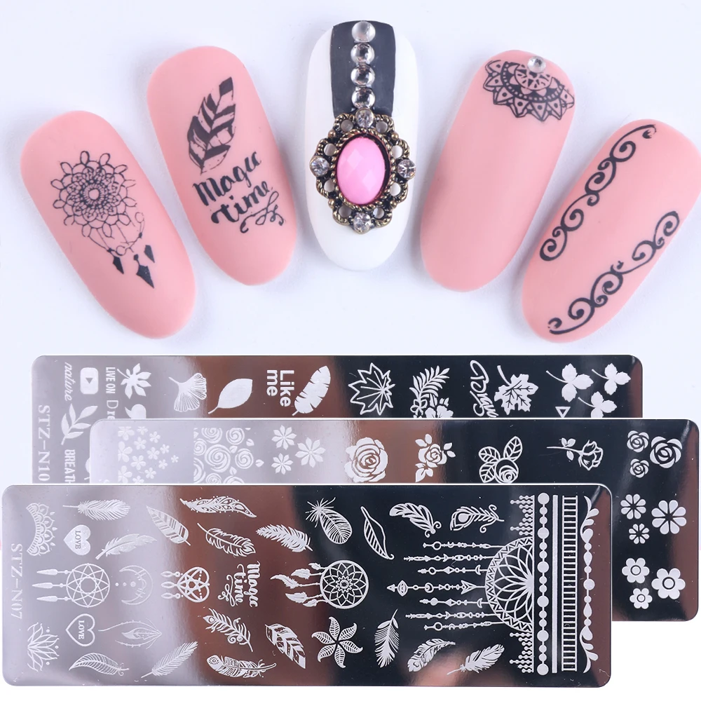 

1pcs Nail Stamping Plates Painting Image Stencils For Nails Florals Feather Leaf Butterfly Geometric Template Design LASTZN01-12