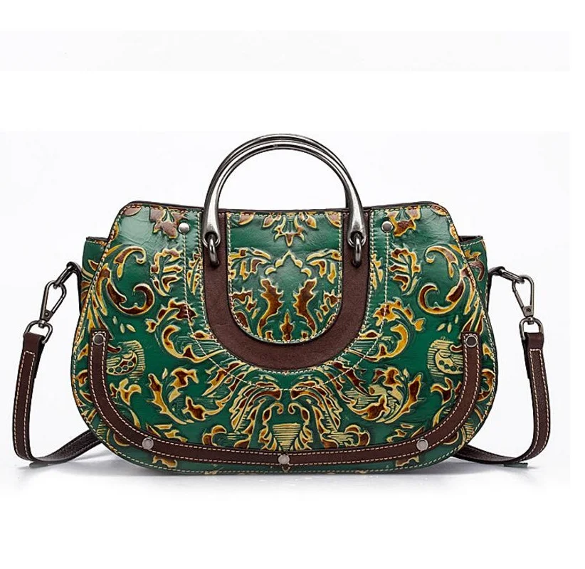 

Vintage Embossing Designer Genuine Cow Leather Women's Metal Handle Moon Bag Ladies Green Handbag Female Cross Shoulder Bag