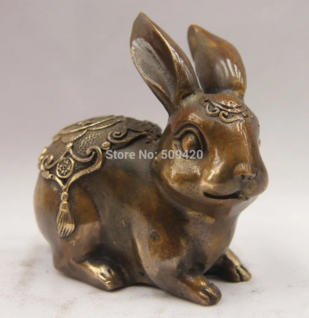 

fast ShippingChinese Folk Bronze Copper Lucky Wealth FengShui Zodiac Rabbit Sculpture Statue