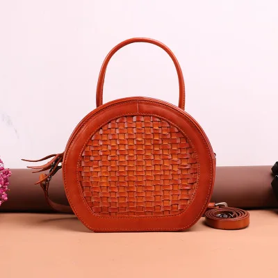 

2019 summer women small round woven one shouler bag mini genuine leather female crossbody bag girl personality messenger bag