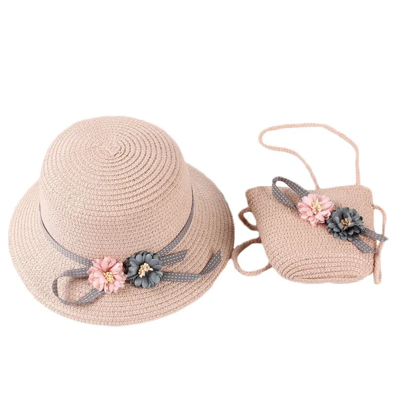 Детская соломенная шляпа для маленьких девочек; летняя Солнцезащитная шляпа для девочек; пляжная шляпа с козырьком; соломенная сумка; комплект из двух предметов
