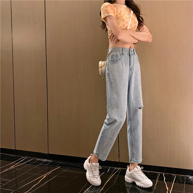 RUGOD Women blue denim pants hole diamond slim high wide leg pants new fashion female jeans femme ripped plus size glitter