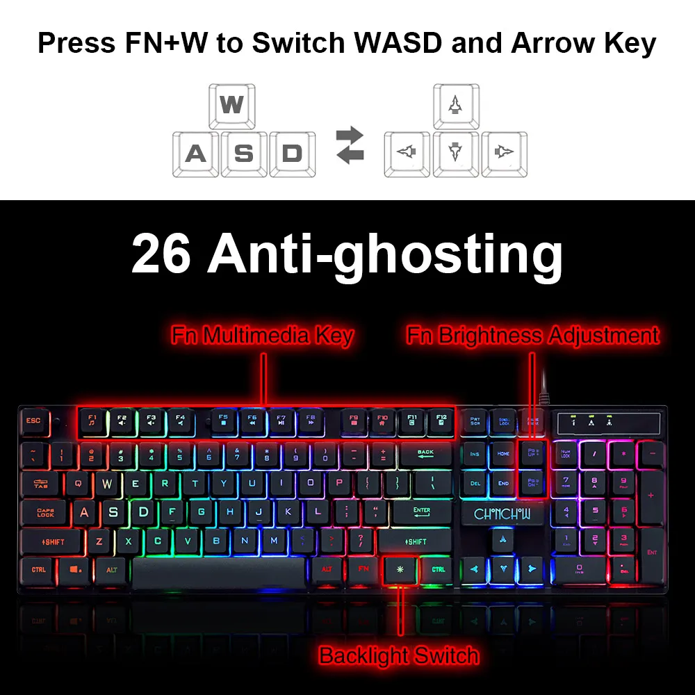 Gaming Keyboard Rainbow Colorful Backlit Game Keyboard RU/ES Layout with Microphone USB Wired Keyboard for PC Gamer Computer
