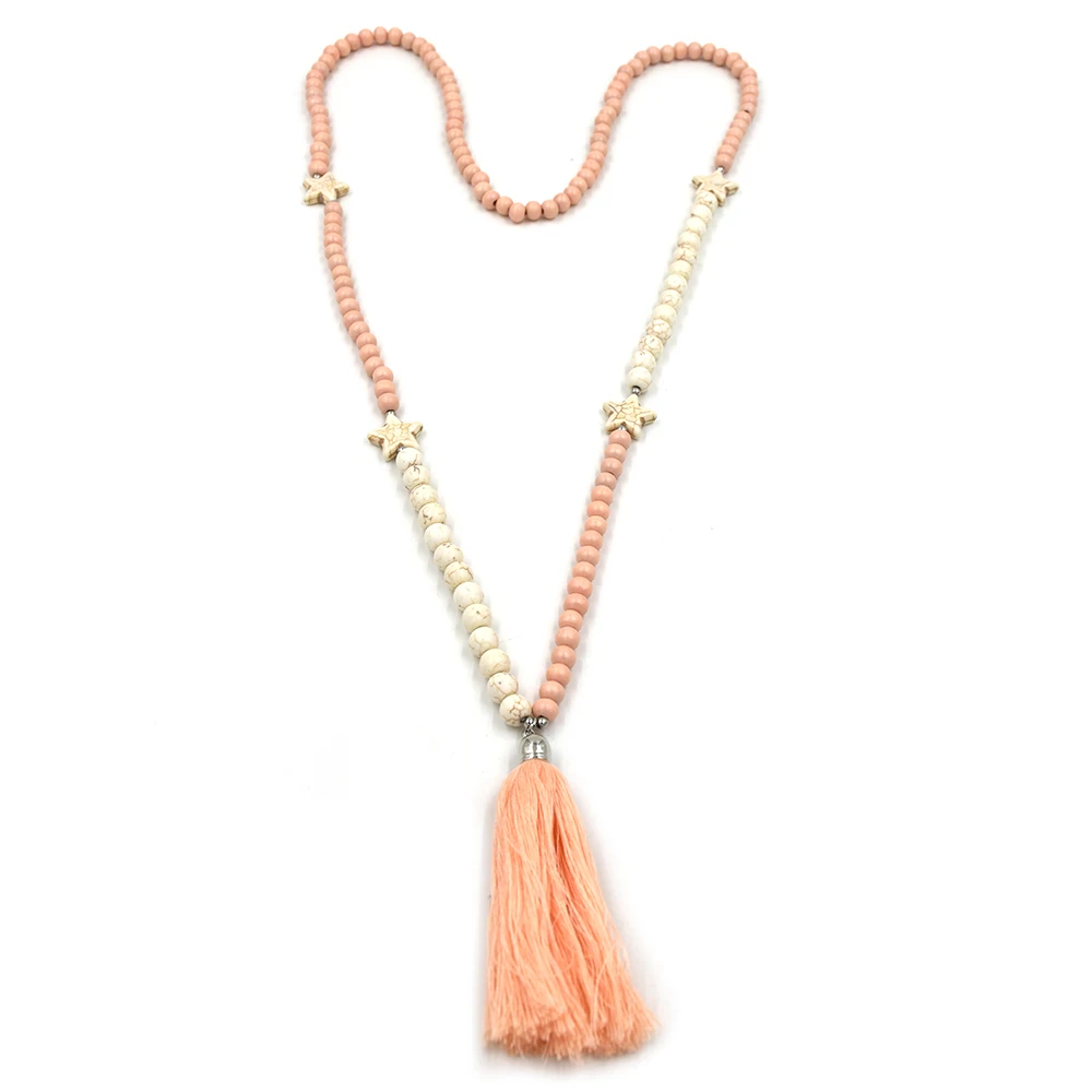 2017new handmade pink tassel pendent necklace pentagon beads boho Bohemiam long fringe statement Maxi Necklace for summer womem