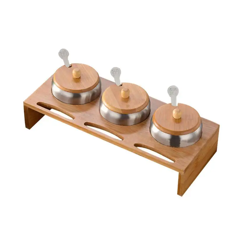 

3 Grid Wooden Spice Rack Set Kitchen Supplies Salt Pepper Bottle Seasoning Rack Set 3pcs Jars +3pcs Spoons +1pcs Rack Holder