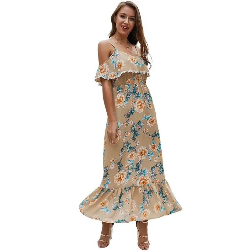 

Summer Long Floral Dresses Women Elegant Chiffon Robe Chic Print Ruffle Sexy Strap Sundress Blue Boho Backless Beach Maxi Dress