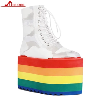 

THIS ONE new rainbow thick bottom fashion transparent PVC leather lace show show cool boots nightclubs cake bottom female boots