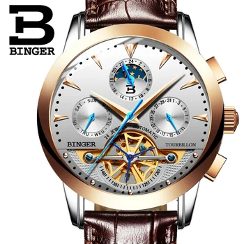 

Tourbillion Mechanical Wristwatches Switzerland luxury Men's watch BINGER brand Sapphire Genuine Leather Strap Clock B1188-10