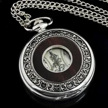 New Arrival Fashion Steampunk Silver Wood Inlay Cover Mechanical Pocket Watch Necklace Pendant Gifts