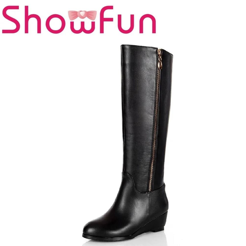 

Showfun genuine leather shoes woman winter knee-high pointed toe solid zipper short plush wedges boots