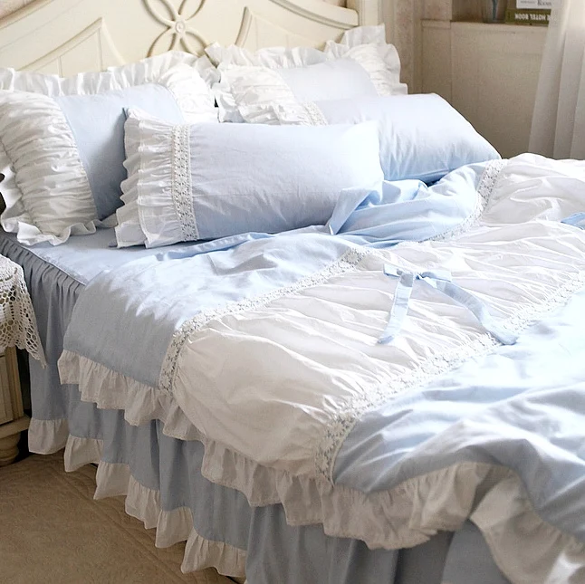 Lace ruffle 100 cotton cute blue bed sets,girl full queen king zakka style lovely bedclothes