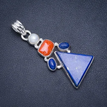 

Natural Lapis Lazuli,Red Coral and River Pearl Handmade Unique 925 Sterling Silver Pendant 1.75" A0216