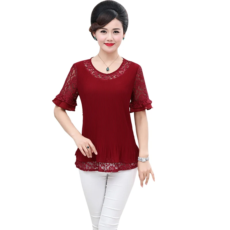 

NIFULLAN New Summer Mother Clothing Female Flare Short Sleeve Chiffon T-Shirt Top Office Ladies O-Neck Lace Tee Shirts Femme