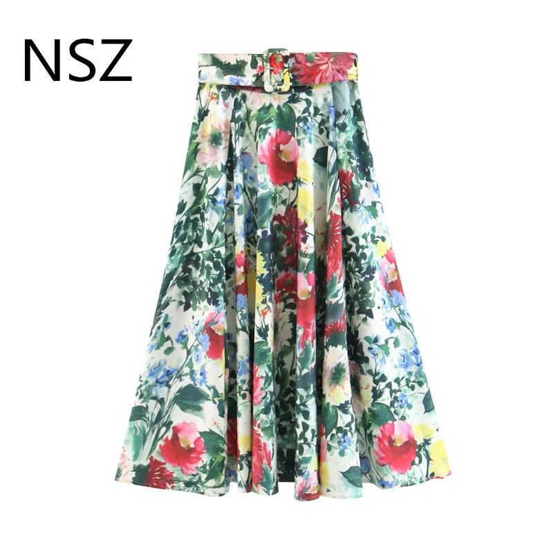 NSZ Для женщин Цветочный принт макси юбка миди Высокая талия с поясом линии летняя юбка
