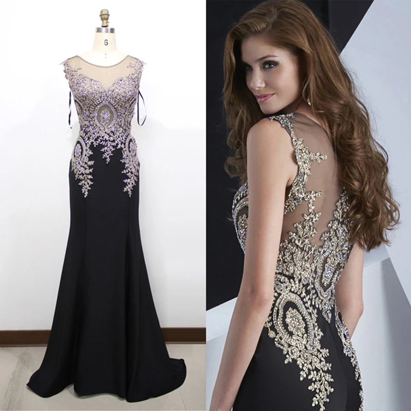 

Mermaid Evening Dress 2019 New Stylish Appliques Gold Embroidery Illusion O-Neck Prom Dress Long Evening Gowns Party Dresses