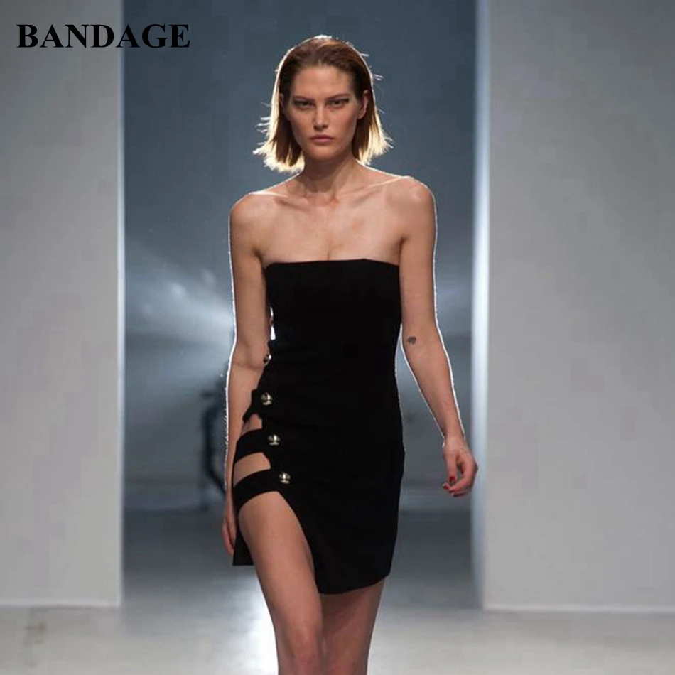 

Leger Babe Sexy Mini Strapless Black Bandage Dress Runway Party Club Wear Split Sheath Button Side Asymmetrical Cutout Dresses