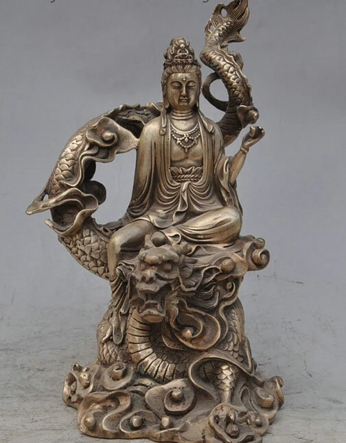 

USPS to USA S1311 19" Chinese Buddhist Silver Kwan-yin GuanYin Goddess Ride Fly Dragon Statue B0401