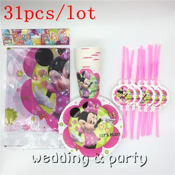 

31PCS kids birthday decoration tablecloth Straw plates cups cartoon Minnie mouse theme party supplies for 10 persons for party