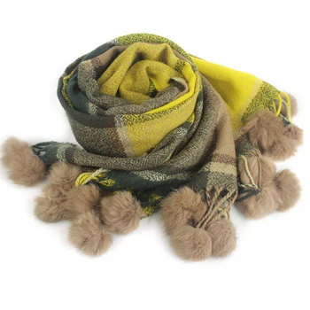 

Women Fashion Plaid Fluffy Balls Long Scarf Thicken Warm Comfortable Neck Wrap
