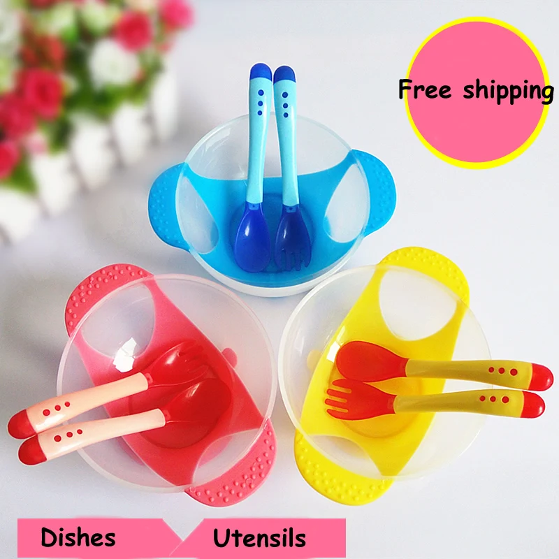 Safety Suction Cup Feeding Training Bowl with Temperature Sensing Spoon Fork for Baby Toddlers Kids Yellow