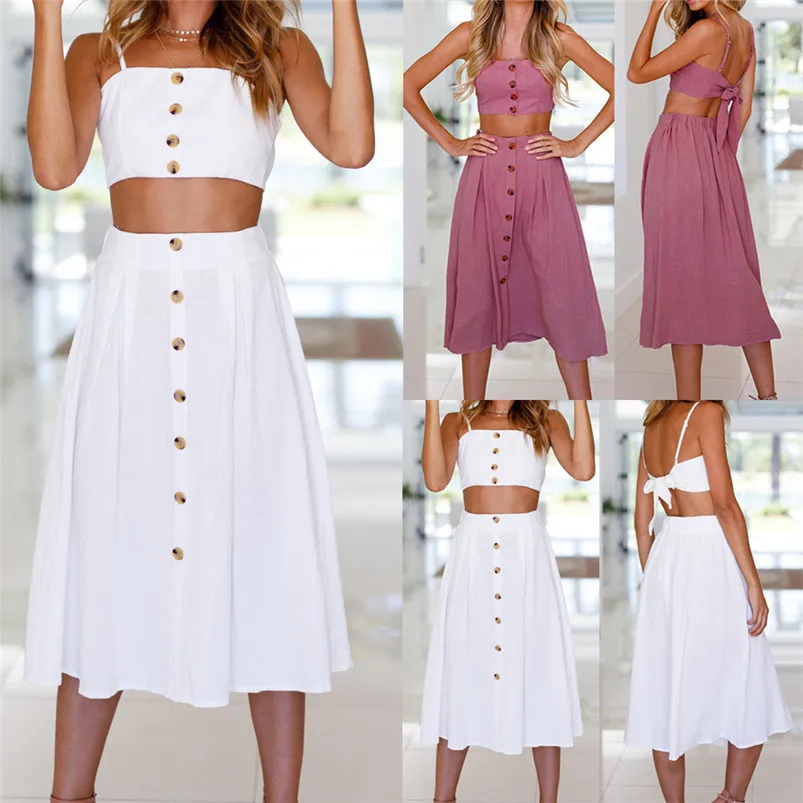 New Summer Womens Two Pieces Holiday Bowknot Lace Up Beach Buttons Tops Skirt Set Pink White two piece set feminino R18 (3)