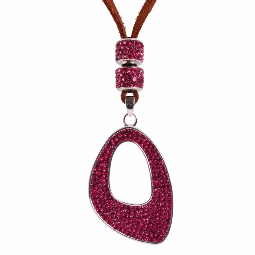 

Fashion Bohemian Leather Jewelry Fuchsia Crystal Pendant Long Sweater Chain Necklace for Women Girl gift
