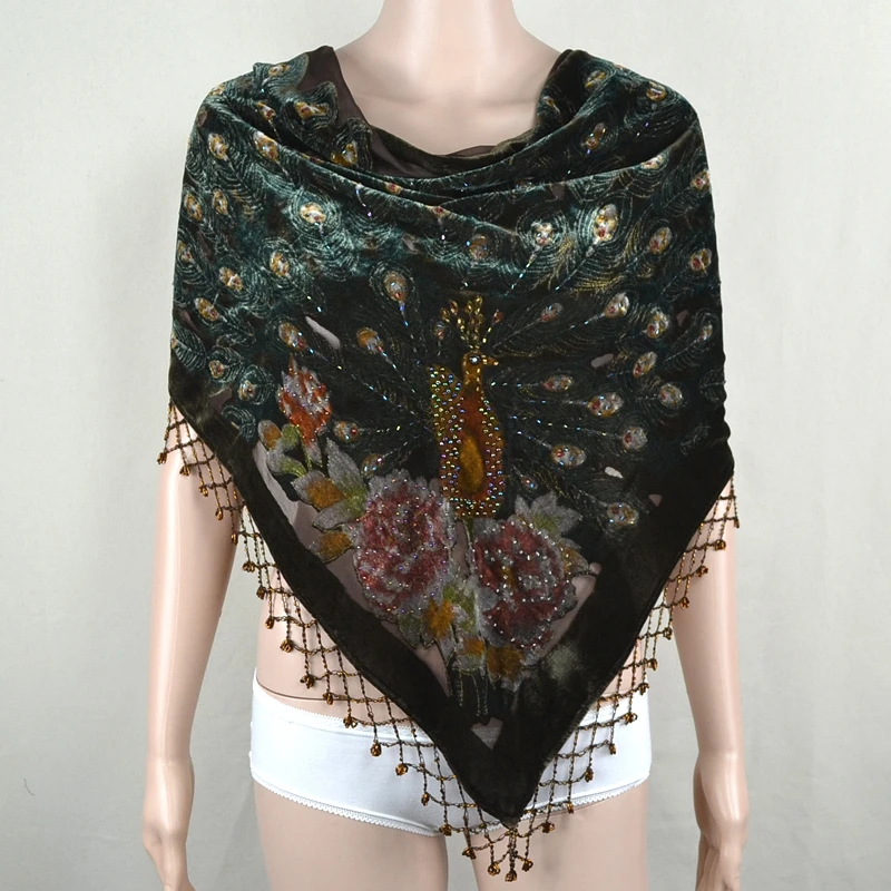 

Coffee Women's Triangle Silk Velour Embroider Flower Flower Peacock Shawl Scarf With Handmade Beads Sequin 155x75cm 112320