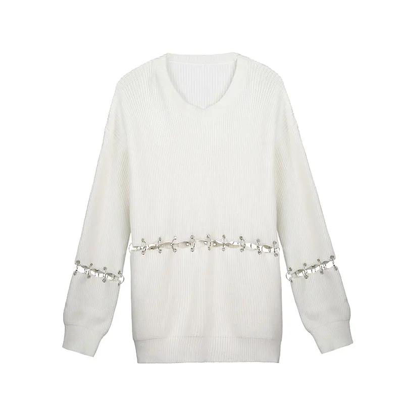 Modstreets Женская одежда в европейском стиле с круглым вырезом на талии, однотонный вязаный свитер с круглым вырезом и длинными рукавами, Женский мягкий шерстяной пуловер - Цвет: White
