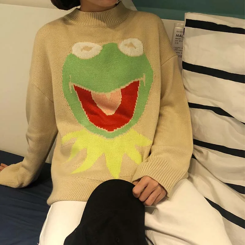 NiceMix мультяшный свитер в стиле Харадзюку, женские повседневные Пуловеры на осень с круглым вырезом, забавные Джемперы в виде лягушки, Корейская уличная одежда, Pull Hiver Femme
