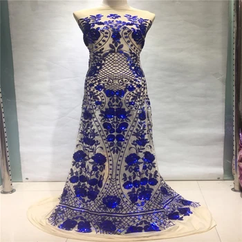 

VILLIEA French Net Lace Fabric Glittery African Guipure Lace Fabric with Embroidery Mesh Tulle Royal Blue Sequins Lace Fabric