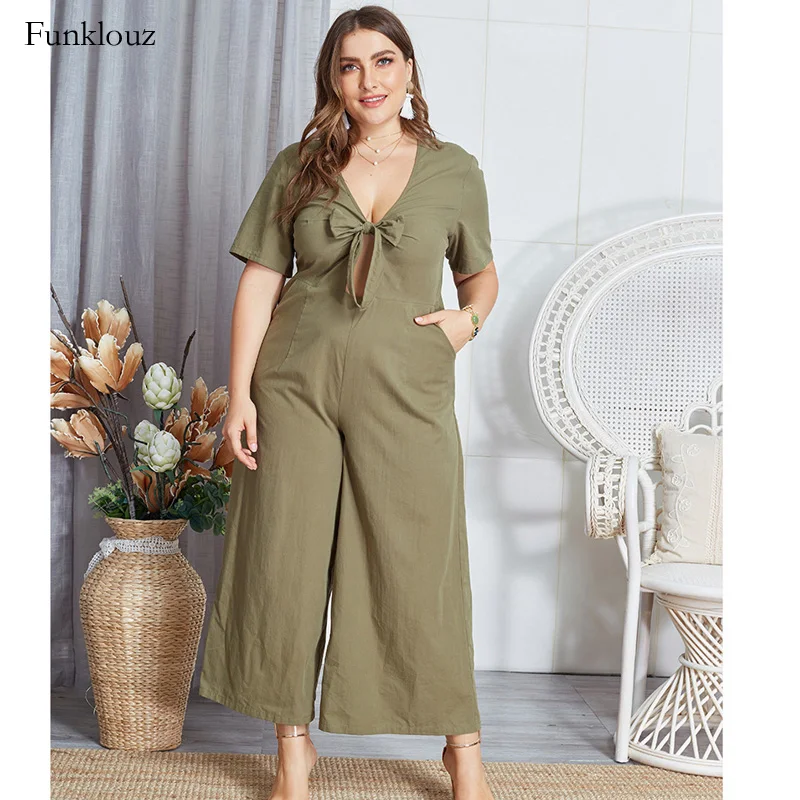

Funklouz Plus Size Sexy Bowknot Deep V Neck Rompers Womens Jumpsuit Large Size Short Sleeve Fashion Elegant Summer Clothes 4XL