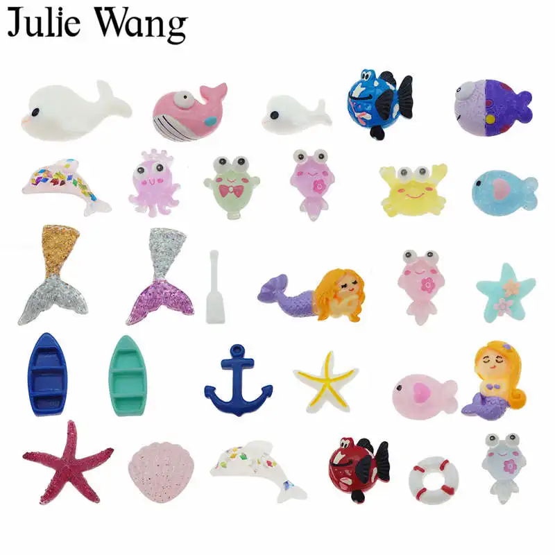 

Julie Wang 30PCS Resin Mermaids Starfish Boat Fish Shell Sea Beach Charms Marine Life Cabochon Pendant Jewelry Making Accessory