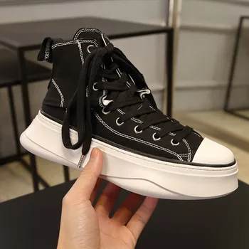 

Squeezed Sole Flat Platform Black Canvas Sneakers Street Fashion Celebrity Casual Shoes Women